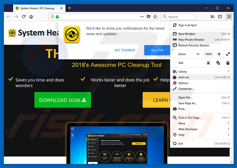 Removing System Healer ads from Mozilla Firefox step 1