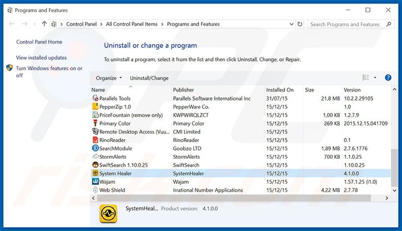 System Healer adware uninstall via Control Panel