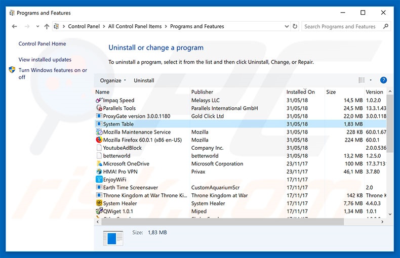 System Table adware uninstall via Control Panel