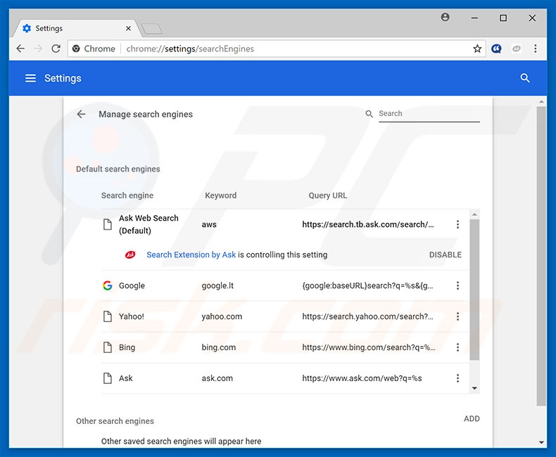 Removing hp.myway.com from Google Chrome default search engine