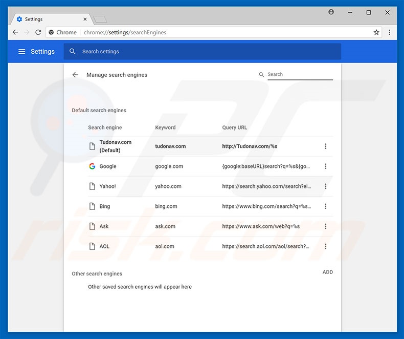 Removing tudonav.com from Google Chrome default search engine