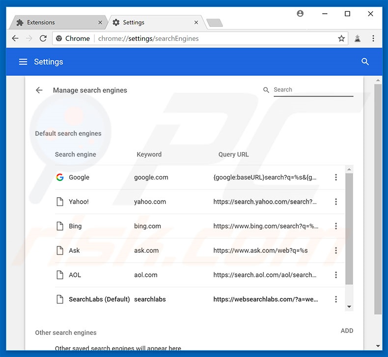 Removing websearchlabs.com from Google Chrome default search engine