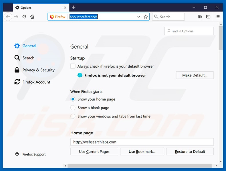 Removing websearchlabs.com from Mozilla Firefox homepage