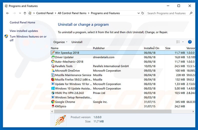 Win Speedup 2018 adware uninstall via Control Panel