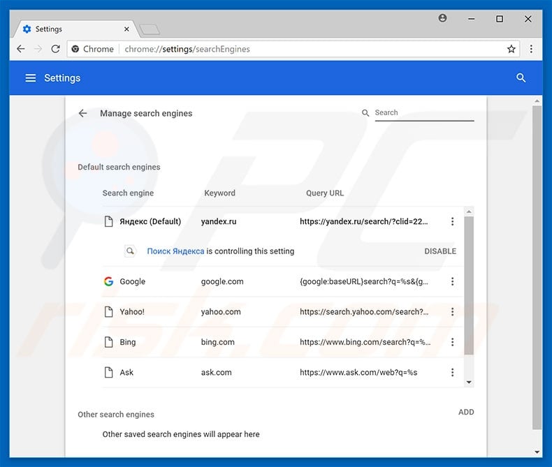 Removing yandex.ru from Google Chrome default search engine