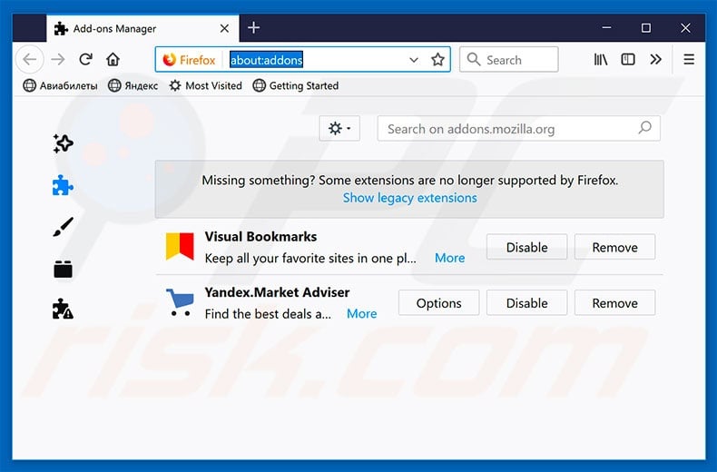 Removing yandex.ru related Mozilla Firefox extensions