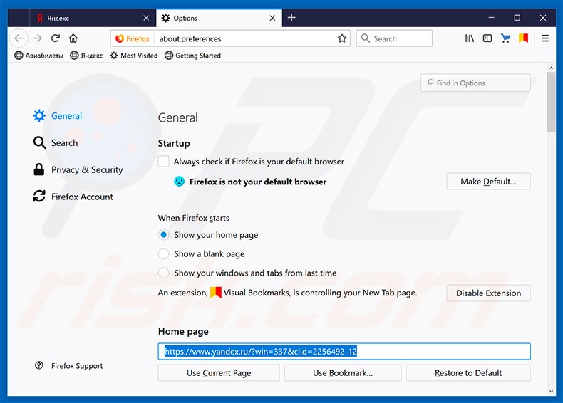 Removing yandex.ru from Mozilla Firefox homepage