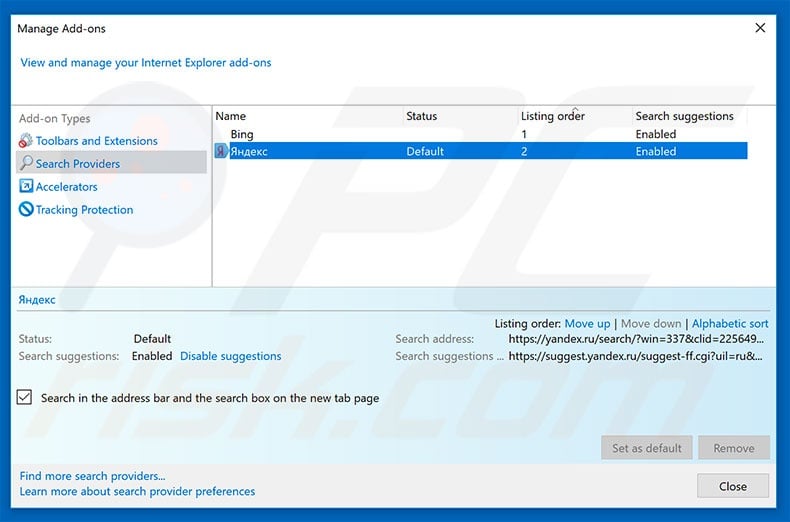 Removing yandex.ru from Internet Explorer default search engine