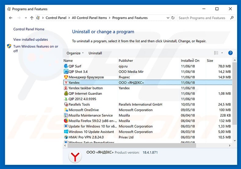 yandex.ru browser hijacker uninstall via Control Panel