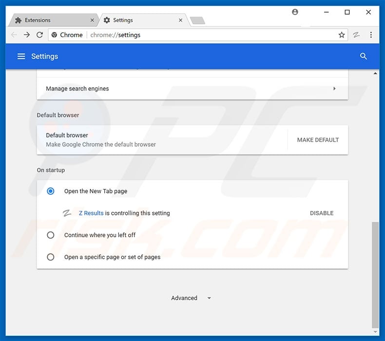 Removing z-results.com from Google Chrome homepage