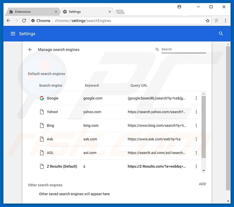 Removing z-results.com from Google Chrome default search engine