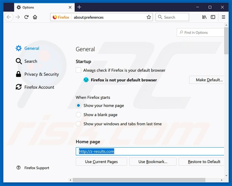 Removing z-results.com from Mozilla Firefox homepage