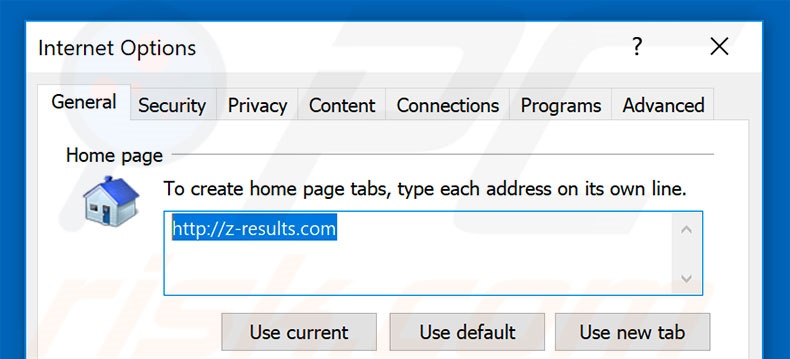 Removing z-results.com from Internet Explorer homepage
