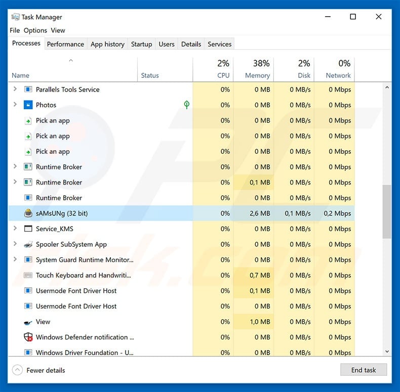 AZORult malware in task manager