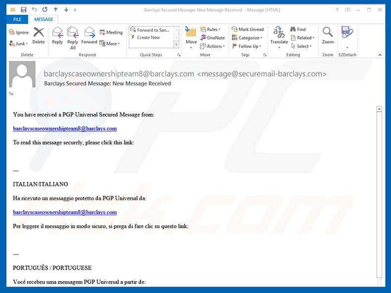 Barclays Secured Message Email Virus malware