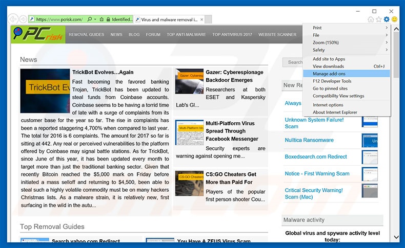 Removing blueseek.com ads from Internet Explorer step 1