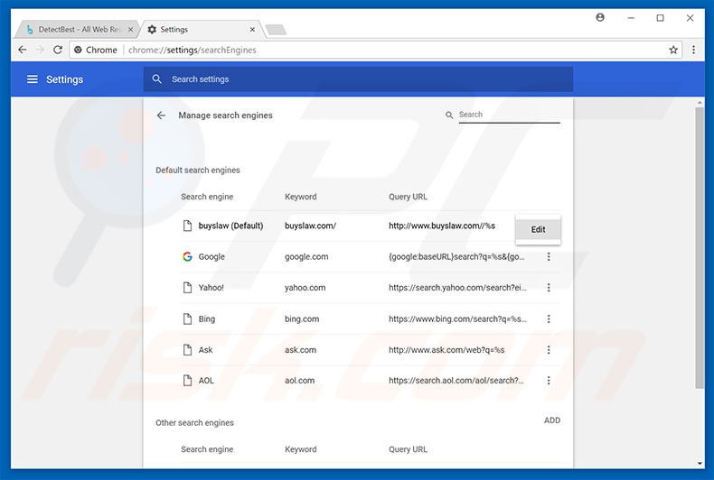 Removing buyslaw.com from Google Chrome default search engine