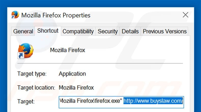 Removing buyslaw.com from Mozilla Firefox shortcut target step 2