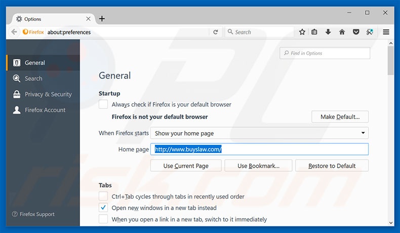 Removing buyslaw.com from Mozilla Firefox homepage