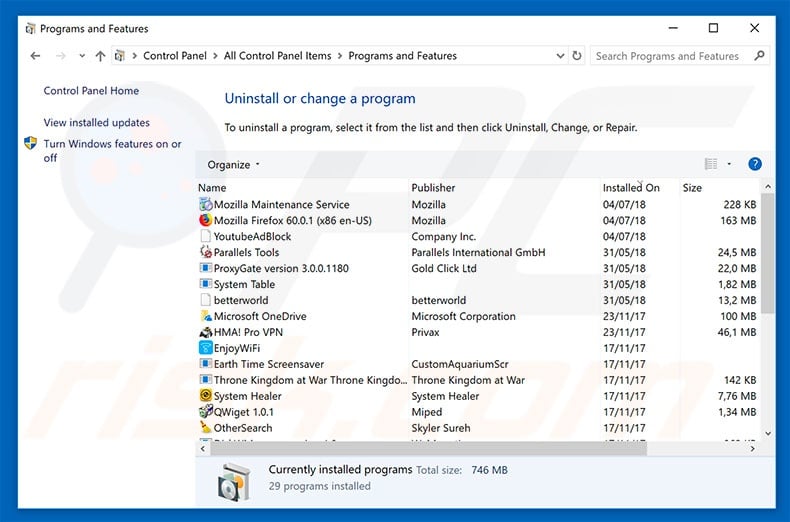 Check and Switch adware uninstall via Control Panel