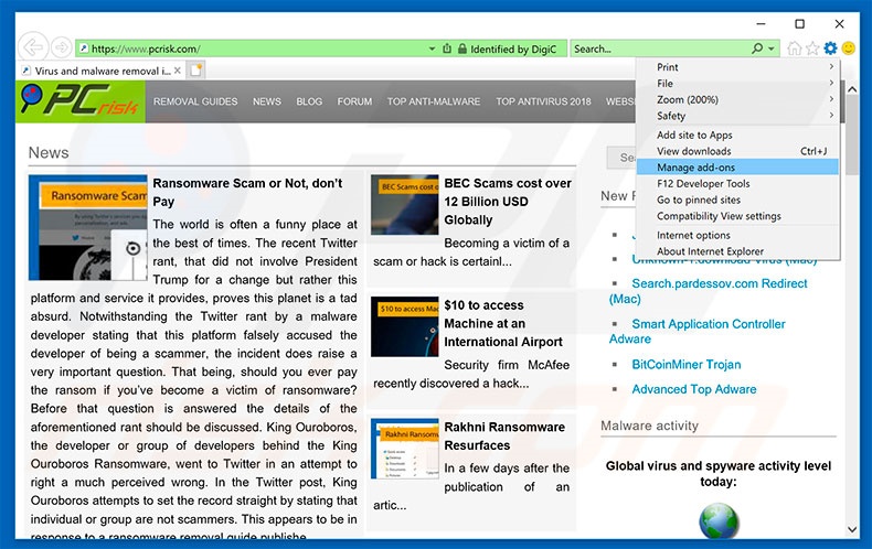 Removing CoreTempApp ads from Internet Explorer step 1