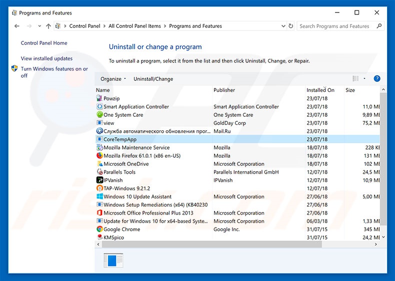 CoreTempApp adware uninstall via Control Panel