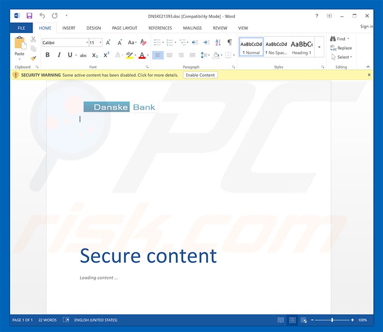 Malicious attachment distributed through Danske Bank Email Virus spam campaign