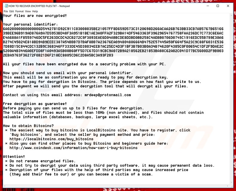 Deep ransomware ransom note (HOW TO RECOVER ENCRYPTED FILES.TXT)