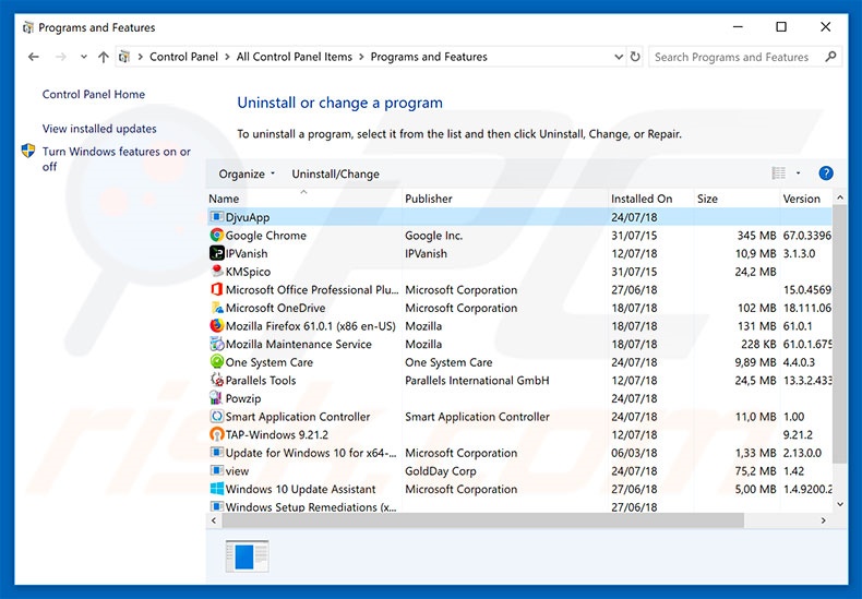 DjvuApp adware uninstall via Control Panel