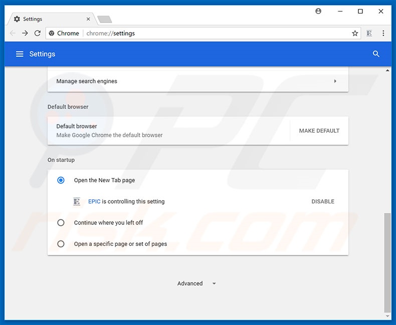 Removing epicsearches.com from Google Chrome homepage