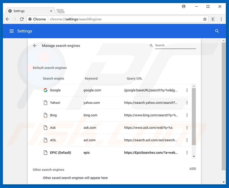 Removing epicsearches.com from Google Chrome default search engine