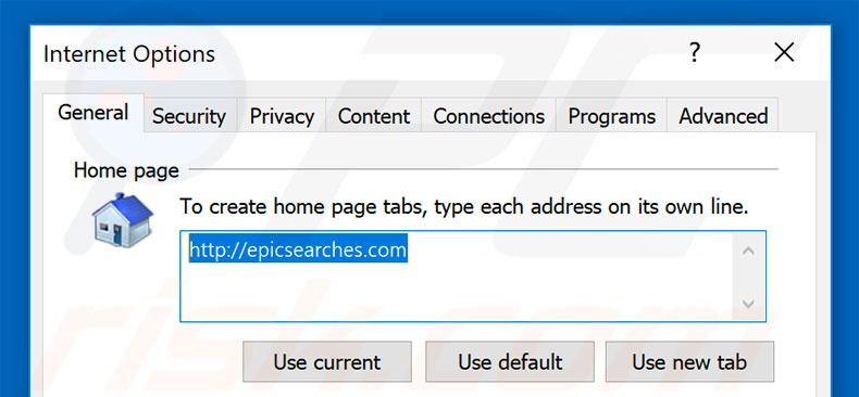 Removing epicsearches.com from Internet Explorer homepage