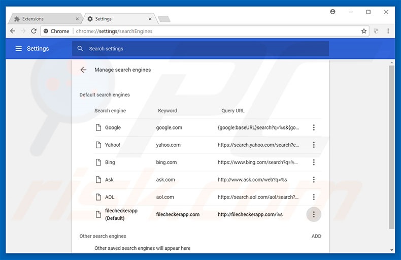 Removing filecheckerapp.com from Google Chrome default search engine