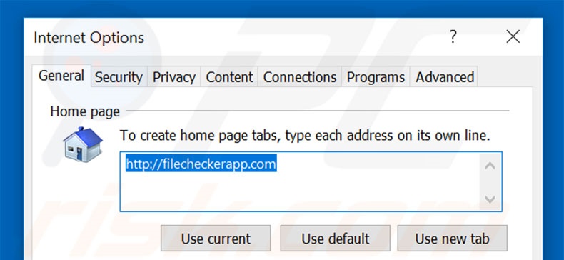 Removing filecheckerapp.com from Internet Explorer homepage