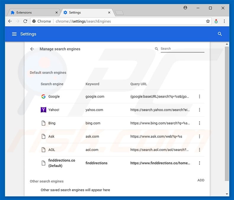 Removing finddirections.co from Google Chrome default search engine