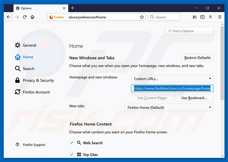Removing finddirections.co from Mozilla Firefox homepage