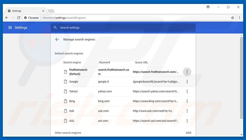 Removing search.findthatsearch.com from Google Chrome default search engine