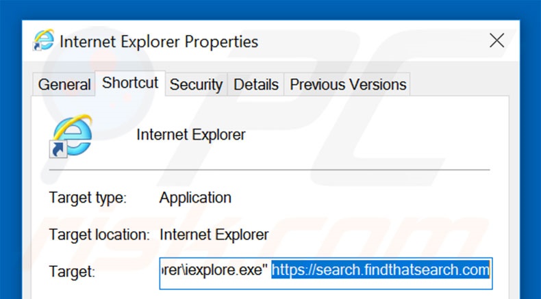Removing search.findthatsearch.com from Internet Explorer shortcut target step 2