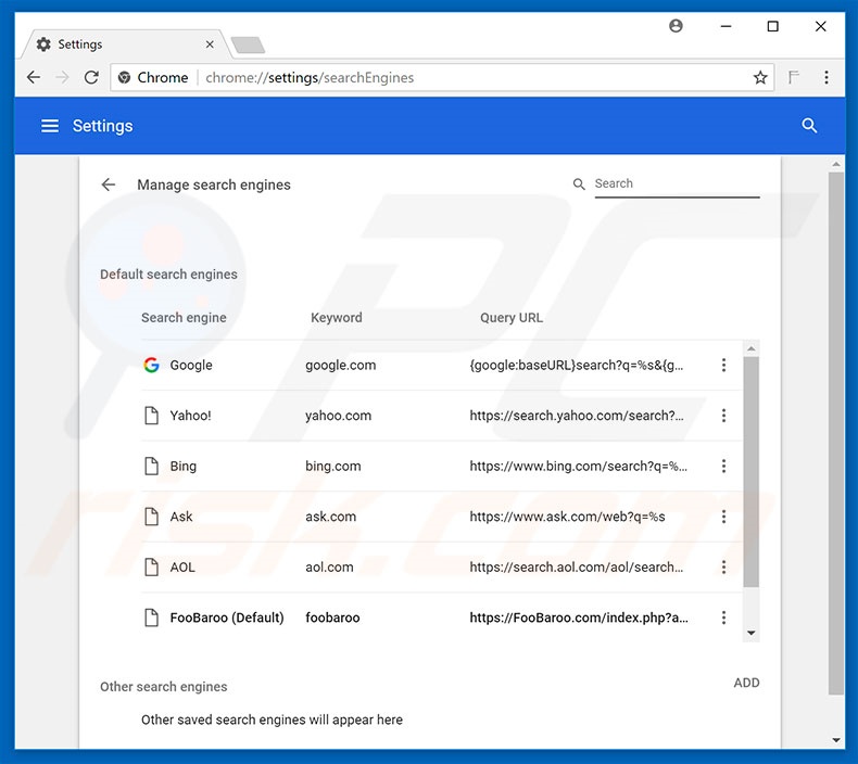 Removing foobaroo.com from Google Chrome default search engine