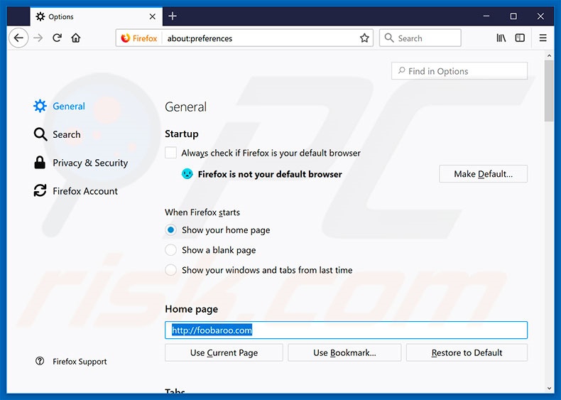 Removing foobaroo.com from Mozilla Firefox homepage