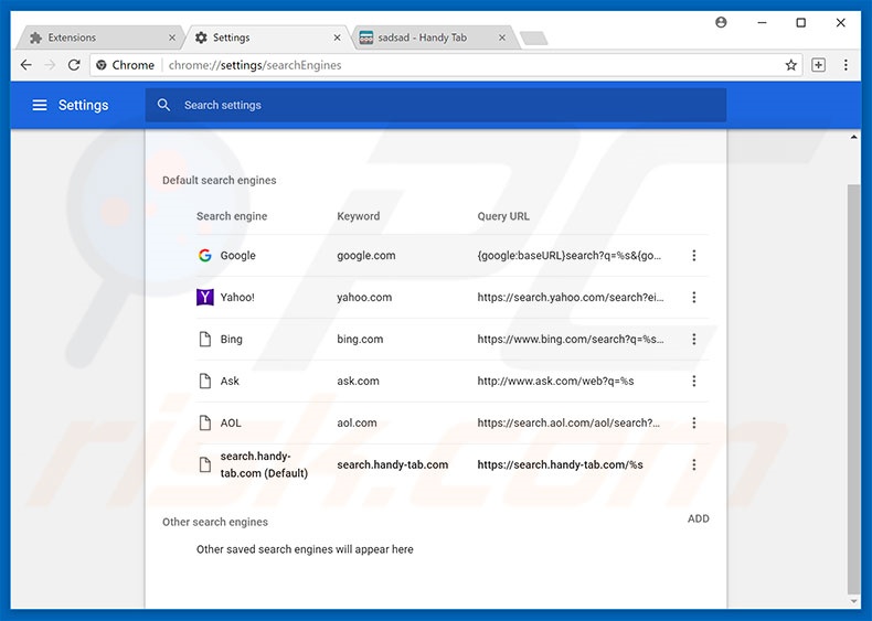 Removing search.handy-tab.com from Google Chrome default search engine