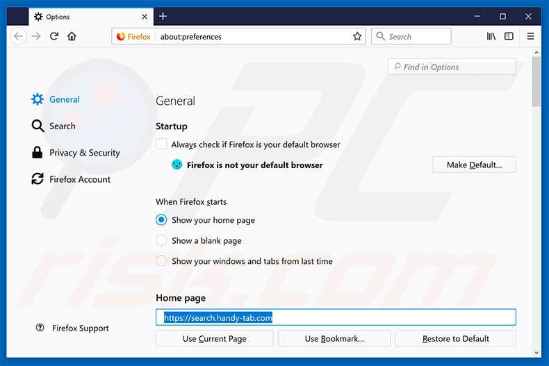 Removing search.handy-tab.com from Mozilla Firefox homepage