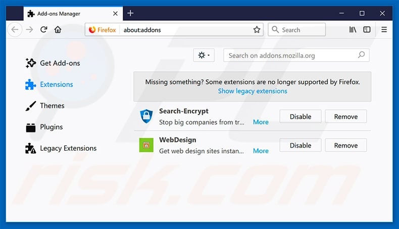 Removing search.hdesignyoursite.com related Mozilla Firefox extensions