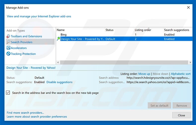 Removing search.hdesignyoursite.com from Internet Explorer default search engine