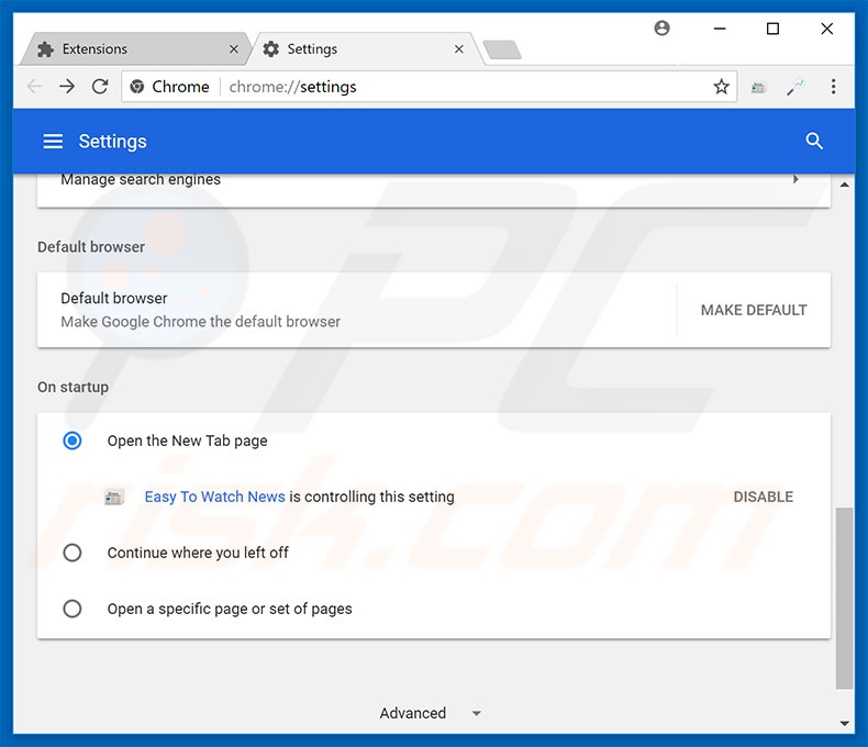 Removing search.heasytowatchnews.com from Google Chrome homepage