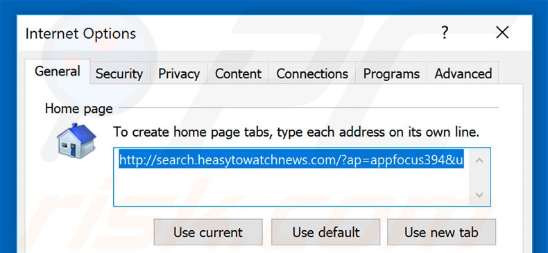 Removing search.heasytowatchnews.com from Internet Explorer homepage