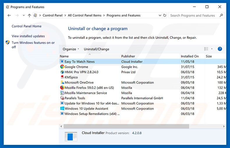 search.heasytowatchnews.com browser hijacker uninstall via Control Panel