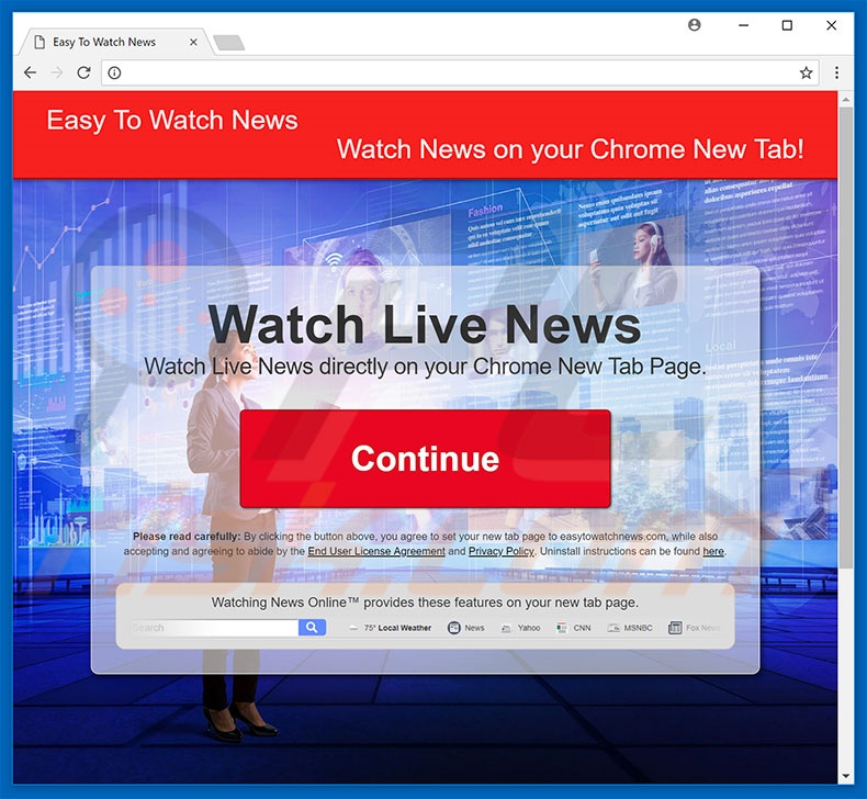 Website used to promote Easy To Watch News browser hijacker