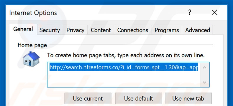 Removing search.hfreeforms.co from Internet Explorer homepage