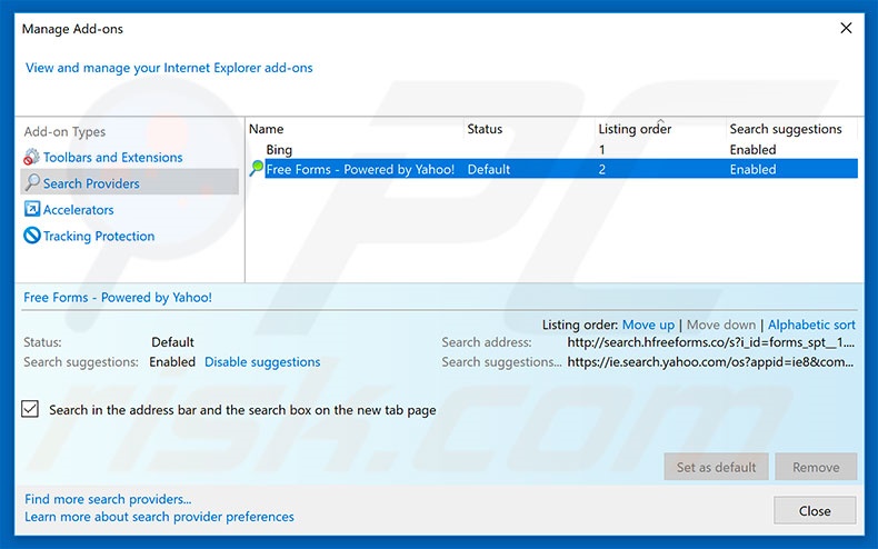 Removing search.hfreeforms.co from Internet Explorer default search engine